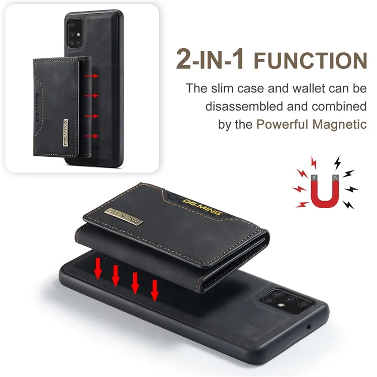 DG.MING M2 Series 360° Powerful Protection Wireless Charging Detachable Wallet 2-in-1 Hybrid Phone Case with Kickstand for Samsung Galaxy A71 4G SM-A715 - Black