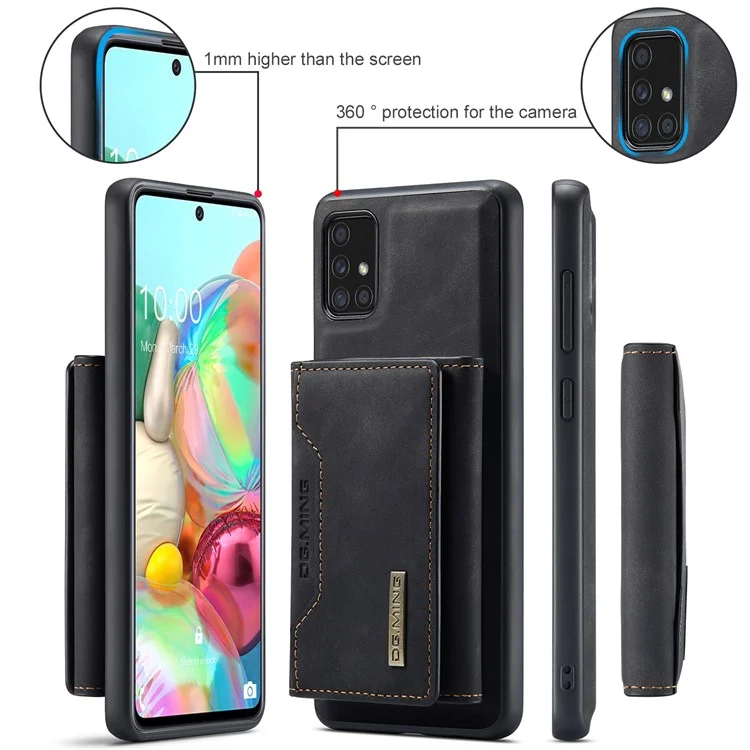 DG.MING M2 Series 360° Powerful Protection Wireless Charging Detachable Wallet 2-in-1 Hybrid Phone Case with Kickstand for Samsung Galaxy A71 4G SM-A715 - Black
