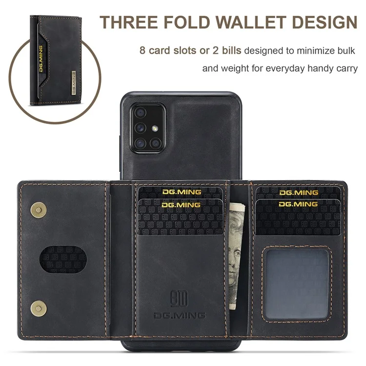 DG.MING M2 Series 360° Powerful Protection Wireless Charging Detachable Wallet 2-in-1 Hybrid Phone Case with Kickstand for Samsung Galaxy A71 4G SM-A715 - Black