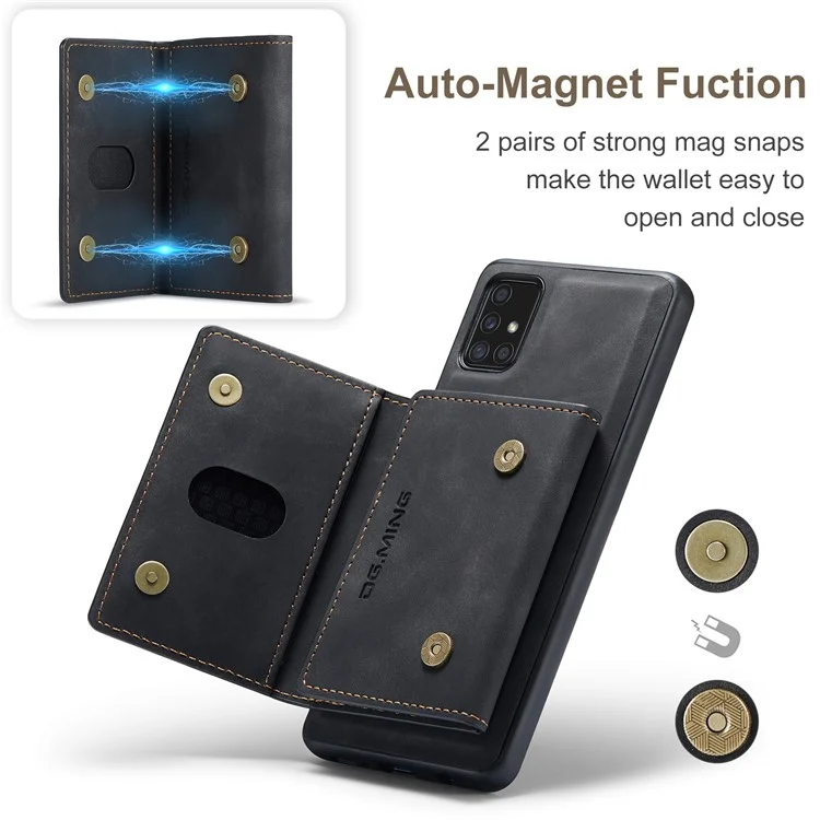 DG.MING M2 Series 360° Powerful Protection Wireless Charging Detachable Wallet 2-in-1 Hybrid Phone Case with Kickstand for Samsung Galaxy A71 4G SM-A715 - Black