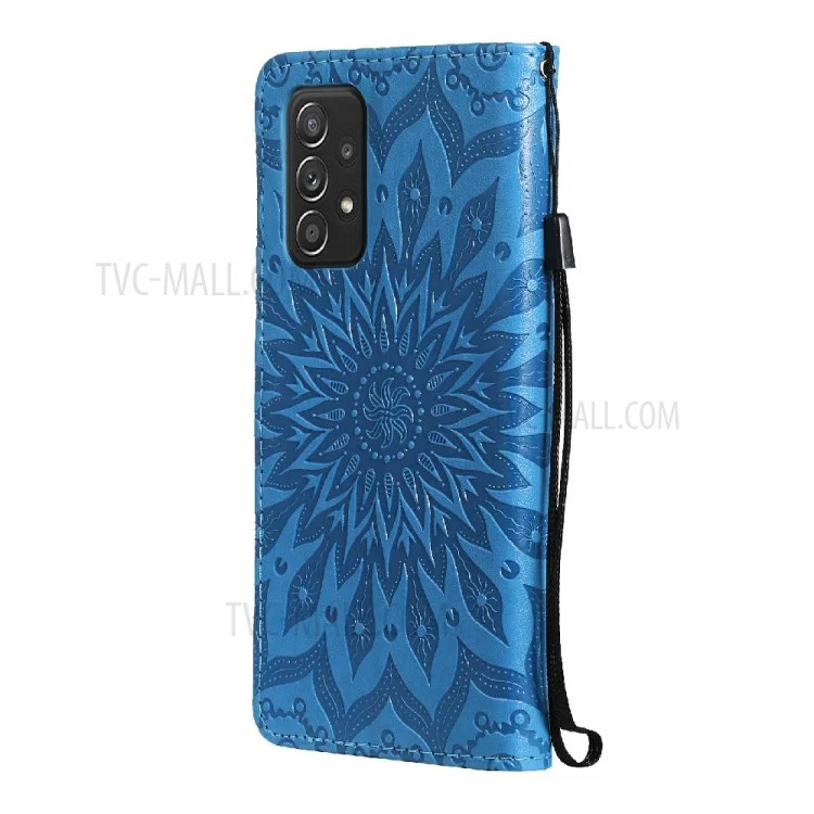 For Samsung Galaxy A52 5G / A52 4G / A52s 5G Phone Case Sunflower Imprinted Leather Wallet Stand Cover with Strap - Blue