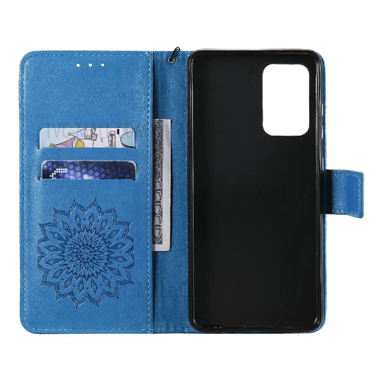 For Samsung Galaxy A52 5G / A52 4G / A52s 5G Phone Case Sunflower Imprinted Leather Wallet Stand Cover with Strap - Blue
