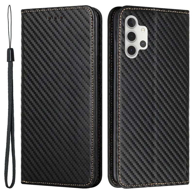 Full Protection Magnetic Clasp Carbon Fiber Texture Leather Wallet Stand Case Shell for Samsung Galaxy A32 4G - Black