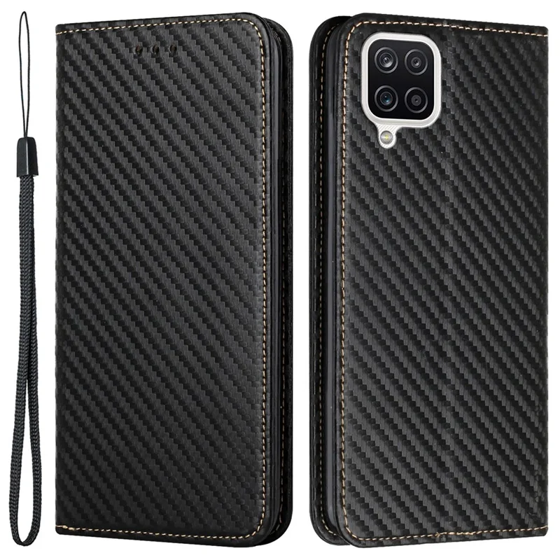All-round Protection Carbon Fiber Texture Auto-absorbed Leather Phone Cover Case for Samsung Galaxy A12 - Black