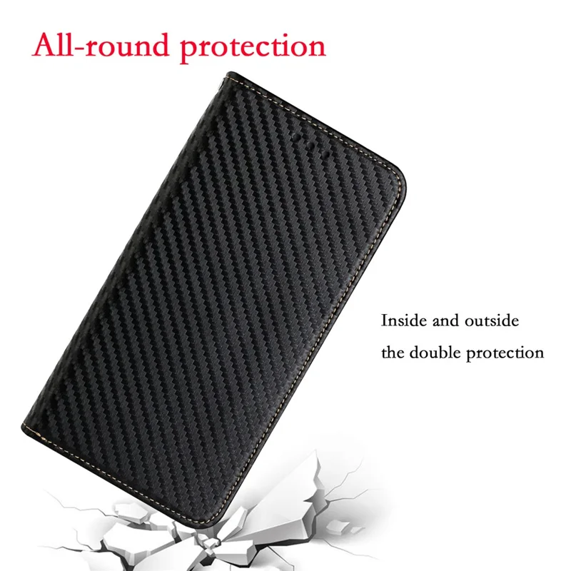 All-round Protection Carbon Fiber Texture Auto-absorbed Leather Phone Cover Case for Samsung Galaxy A12 - Black