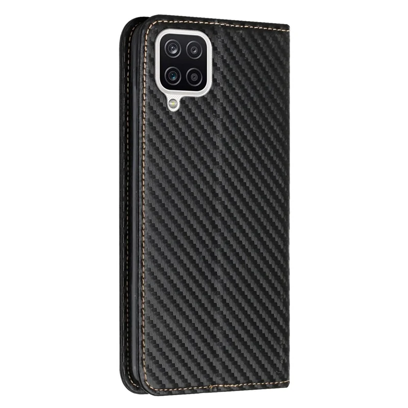 All-round Protection Carbon Fiber Texture Auto-absorbed Leather Phone Cover Case for Samsung Galaxy A12 - Black