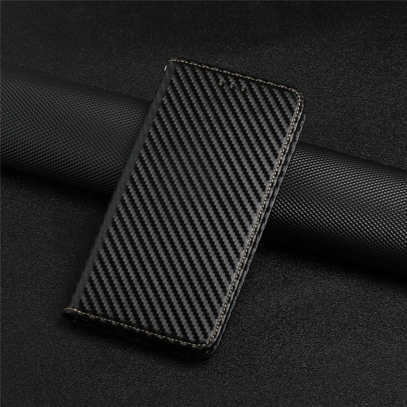 All-round Protection Carbon Fiber Texture Auto-absorbed Leather Phone Cover Case for Samsung Galaxy A12 - Black