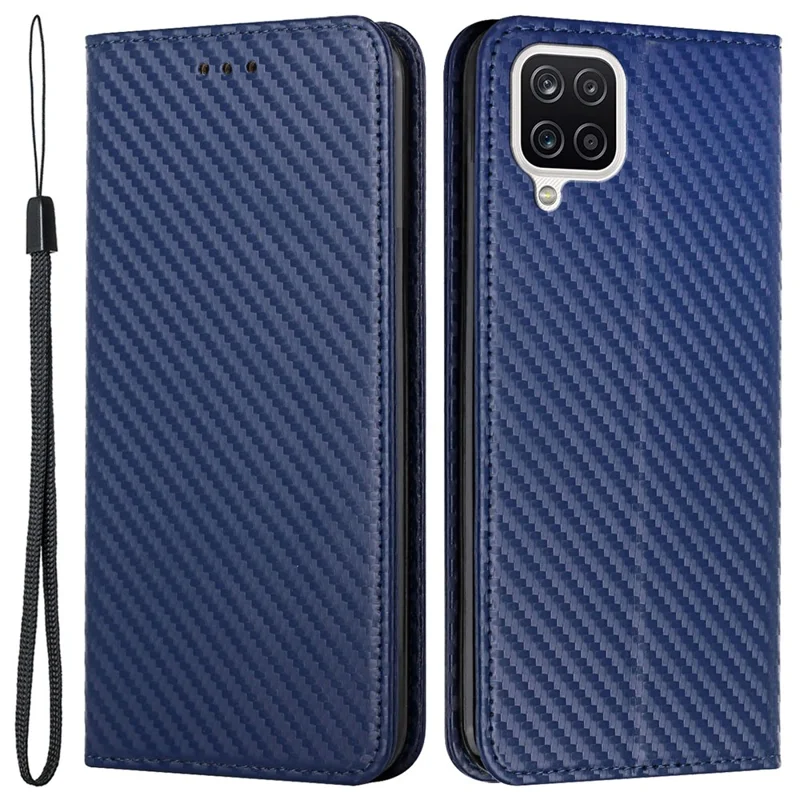 All-round Protection Carbon Fiber Texture Auto-absorbed Leather Phone Cover Case for Samsung Galaxy A12 - Blue