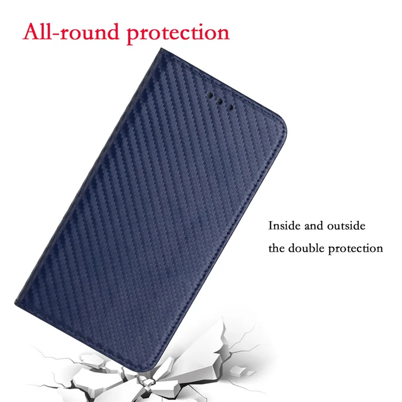 All-round Protection Carbon Fiber Texture Auto-absorbed Leather Phone Cover Case for Samsung Galaxy A12 - Blue