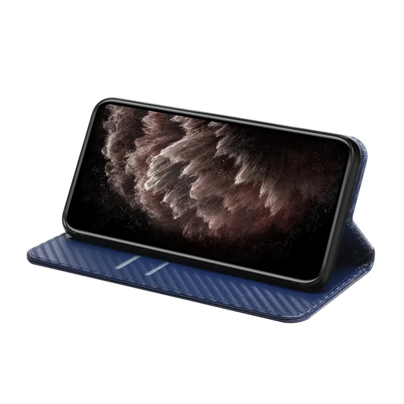 All-round Protection Carbon Fiber Texture Auto-absorbed Leather Phone Cover Case for Samsung Galaxy A12 - Blue