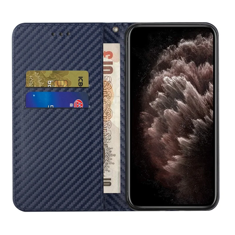 All-round Protection Carbon Fiber Texture Auto-absorbed Leather Phone Cover Case for Samsung Galaxy A12 - Blue