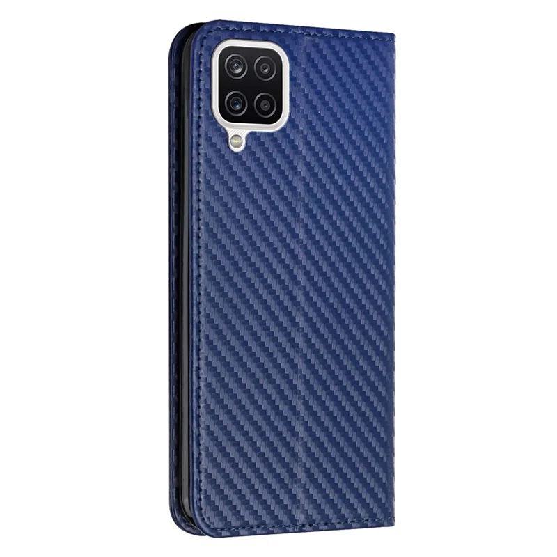 All-round Protection Carbon Fiber Texture Auto-absorbed Leather Phone Cover Case for Samsung Galaxy A12 - Blue