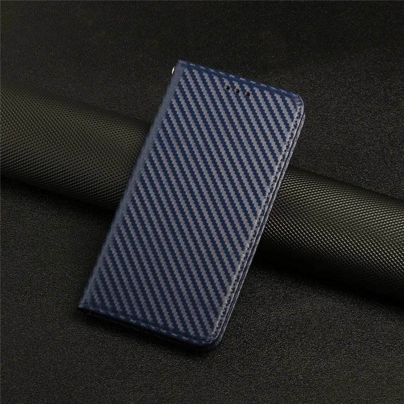 All-round Protection Carbon Fiber Texture Auto-absorbed Leather Phone Cover Case for Samsung Galaxy A12 - Blue