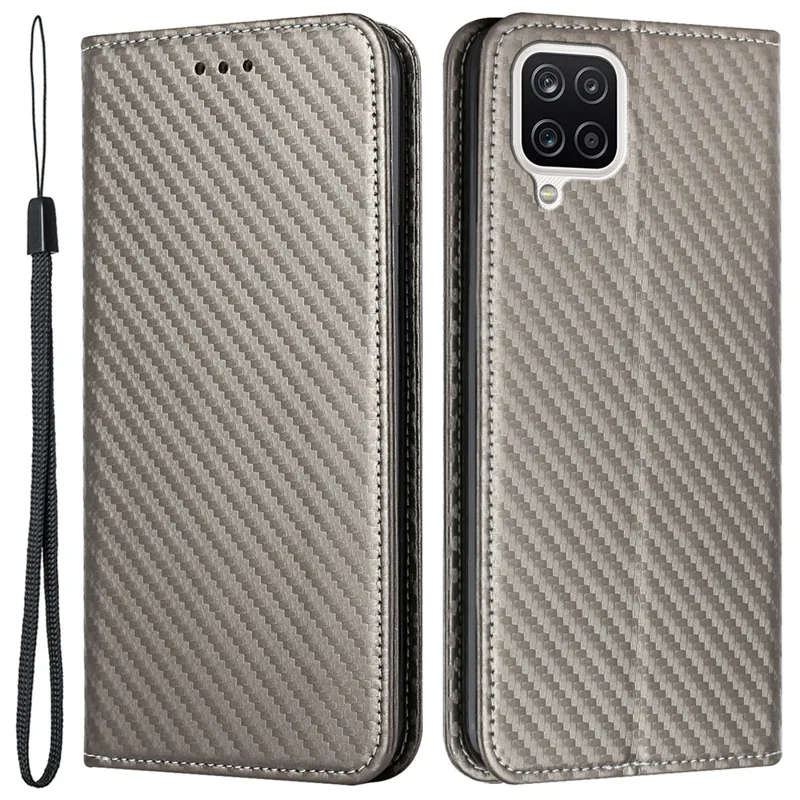 All-round Protection Carbon Fiber Texture Auto-absorbed Leather Phone Cover Case for Samsung Galaxy A12 - Grey