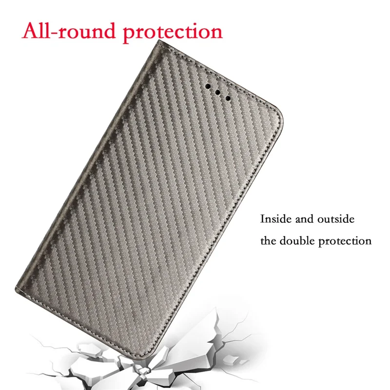 All-round Protection Carbon Fiber Texture Auto-absorbed Leather Phone Cover Case for Samsung Galaxy A12 - Grey