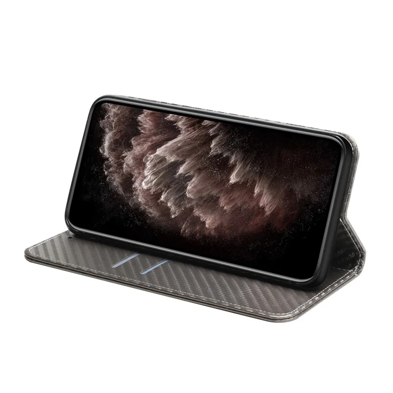 All-round Protection Carbon Fiber Texture Auto-absorbed Leather Phone Cover Case for Samsung Galaxy A12 - Grey