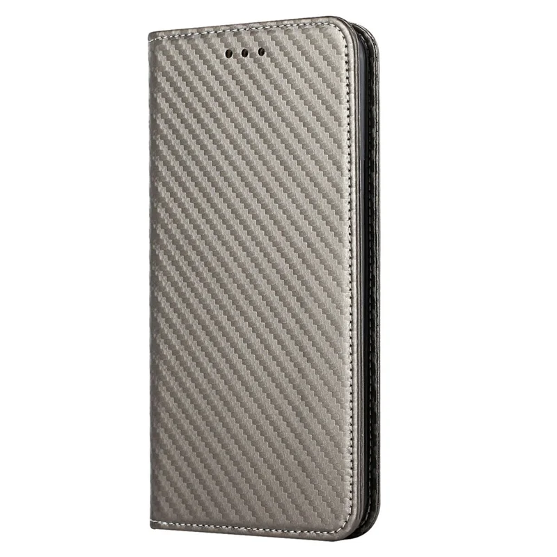All-round Protection Carbon Fiber Texture Auto-absorbed Leather Phone Cover Case for Samsung Galaxy A12 - Grey