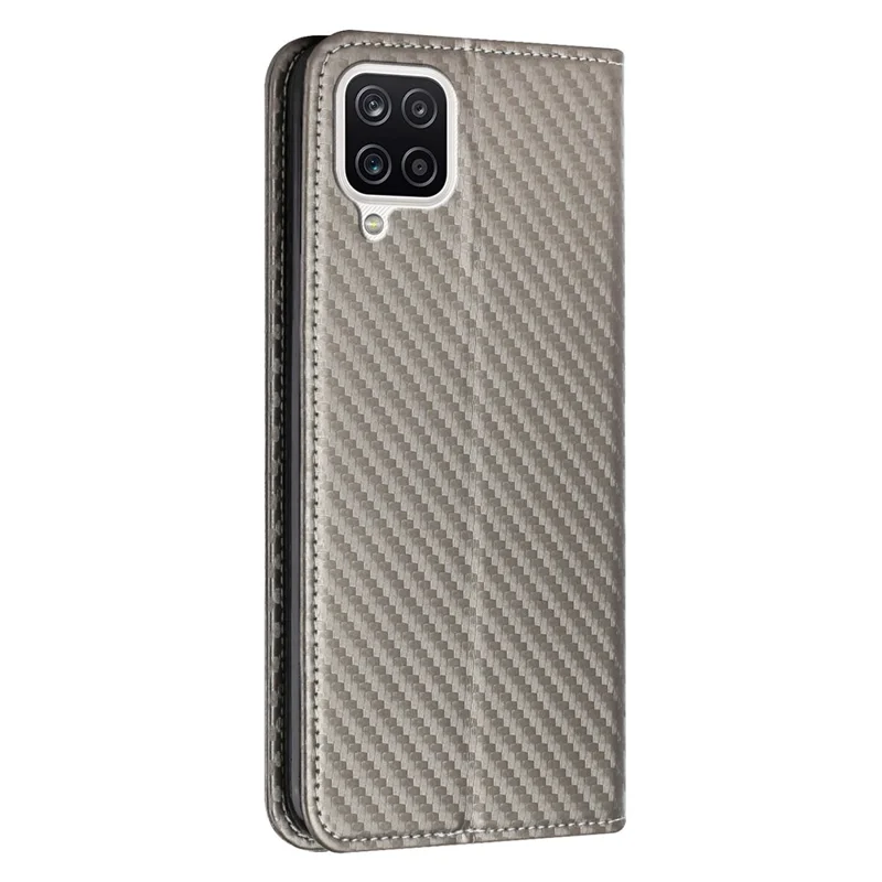 All-round Protection Carbon Fiber Texture Auto-absorbed Leather Phone Cover Case for Samsung Galaxy A12 - Grey