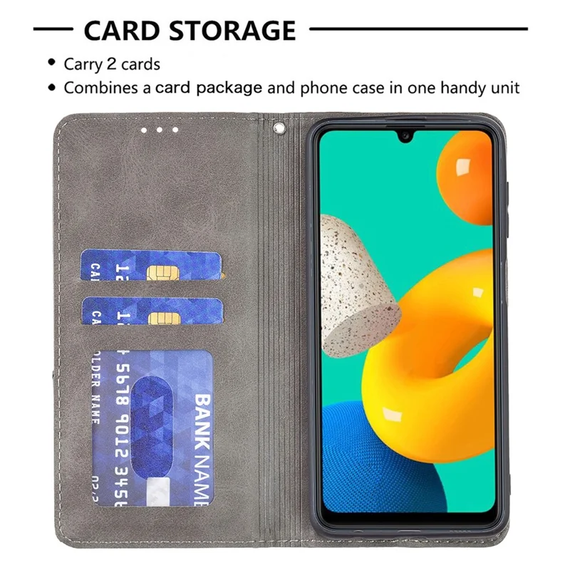 Til Samsung Galaxy M32 (Global Version) Kortholder Design Rombe-lignende Prægning Støddæmpende Læder Stående Taske - Grå