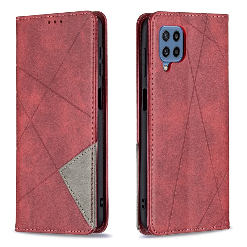 For Samsung Galaxy M32 (Global Version) Card Holder Design Rhombus-Like Imprinting Shock-Absorbed Leather Stand Case Shell - Red