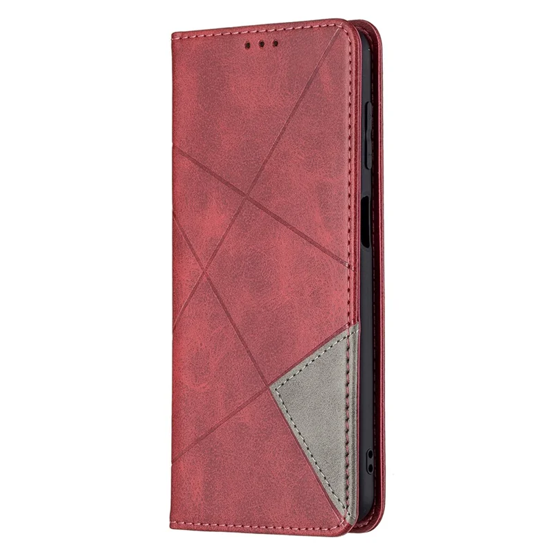 For Samsung Galaxy M32 (Global Version) Card Holder Design Rhombus-Like Imprinting Shock-Absorbed Leather Stand Case Shell - Red