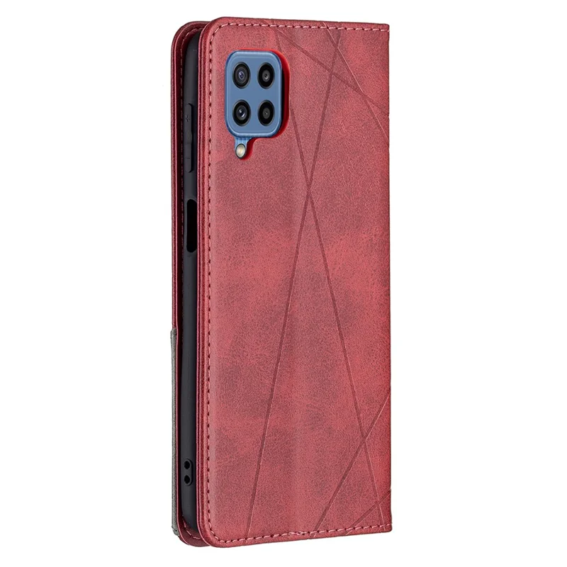 For Samsung Galaxy M32 (Global Version) Card Holder Design Rhombus-Like Imprinting Shock-Absorbed Leather Stand Case Shell - Red