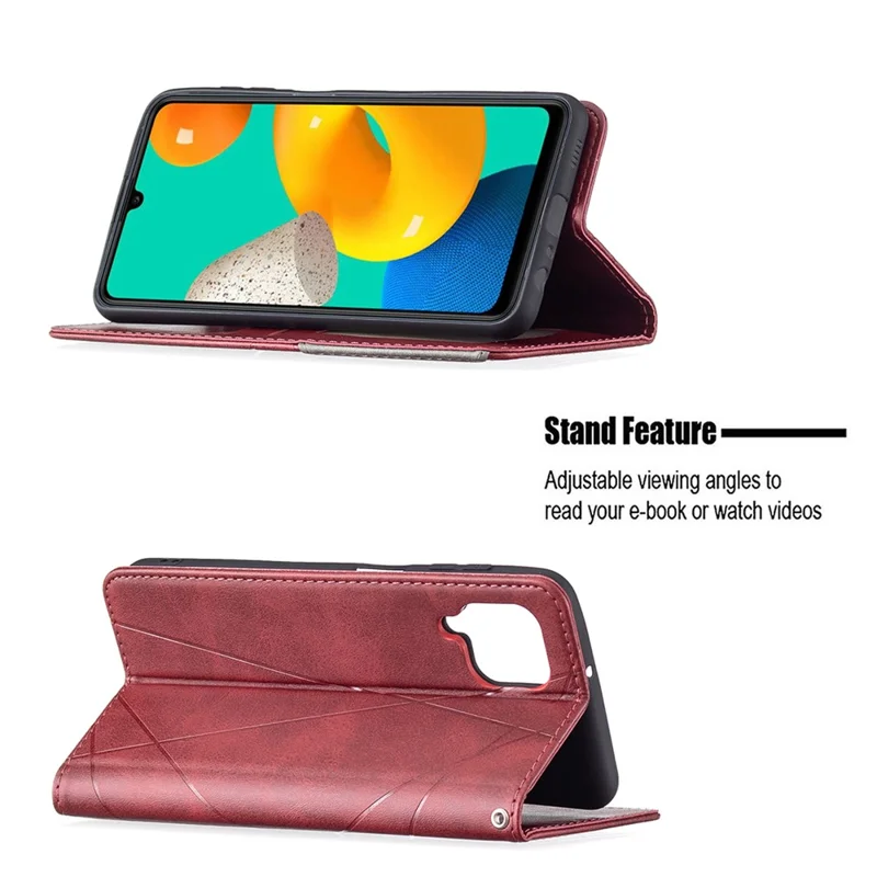 For Samsung Galaxy M32 (Global Version) Card Holder Design Rhombus-Like Imprinting Shock-Absorbed Leather Stand Case Shell - Red