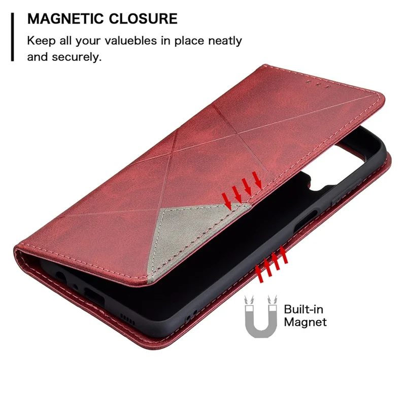 For Samsung Galaxy M32 (Global Version) Card Holder Design Rhombus-Like Imprinting Shock-Absorbed Leather Stand Case Shell - Red