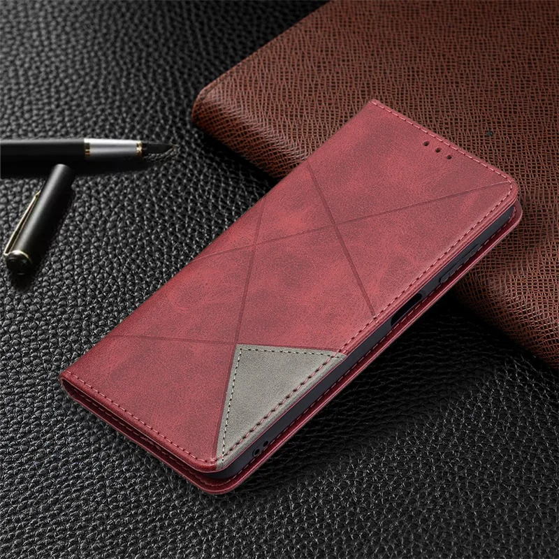 For Samsung Galaxy M32 (Global Version) Card Holder Design Rhombus-Like Imprinting Shock-Absorbed Leather Stand Case Shell - Red