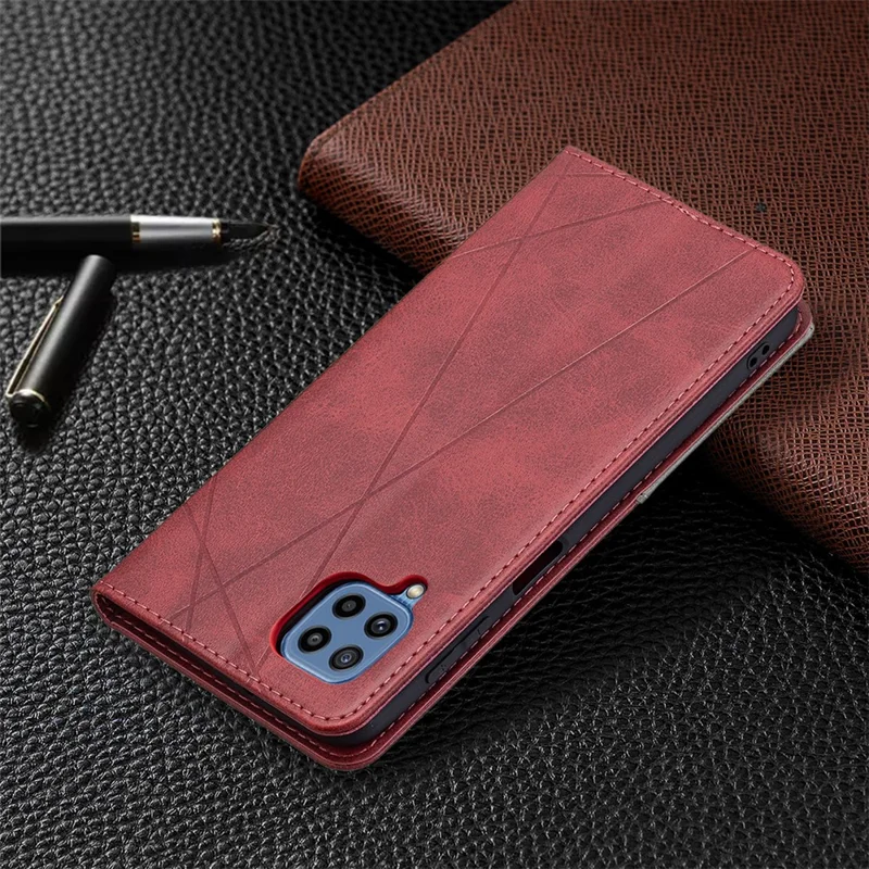 For Samsung Galaxy M32 (Global Version) Card Holder Design Rhombus-Like Imprinting Shock-Absorbed Leather Stand Case Shell - Red