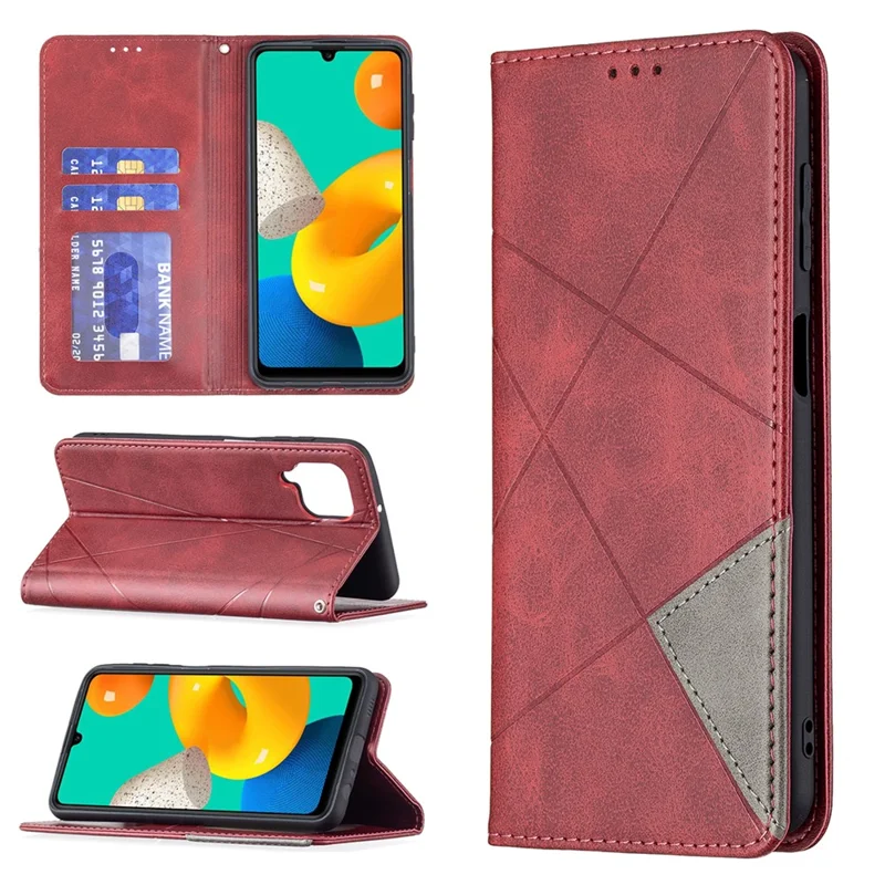 For Samsung Galaxy M32 (Global Version) Card Holder Design Rhombus-Like Imprinting Shock-Absorbed Leather Stand Case Shell - Red