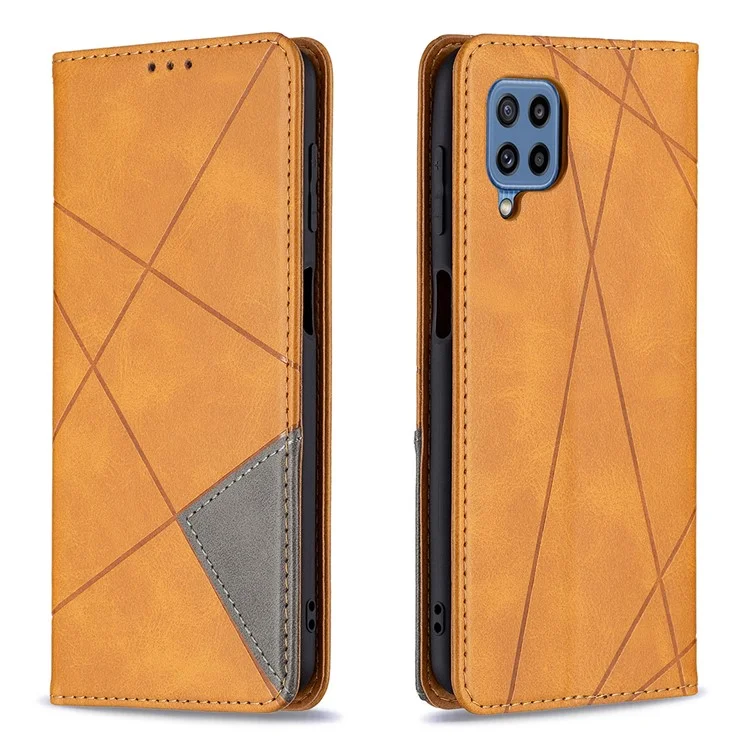 Para Samsung Galaxy M32 (Versão Global) Suporte para Cartões Design de Imprinting Rômbico-Como Absorção de Choque Caso Shell de Couro em Pé - Amarelo