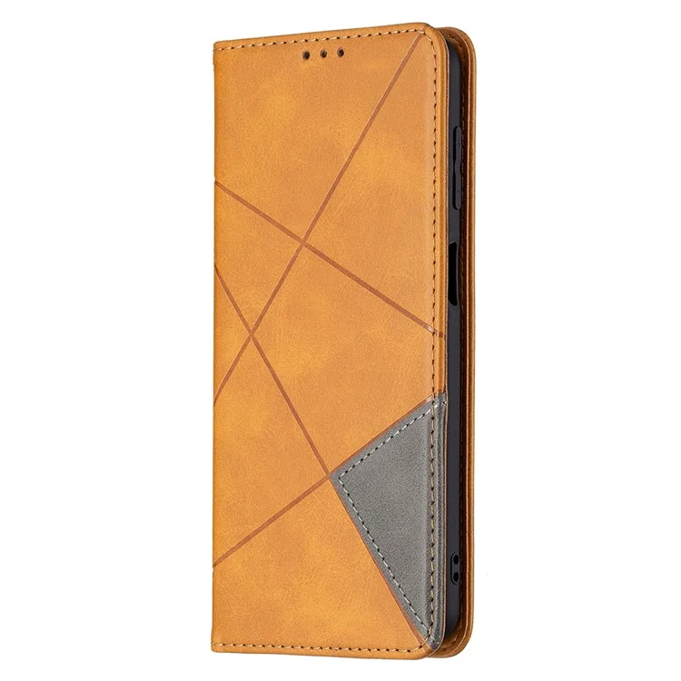 Para Samsung Galaxy M32 (Versão Global) Suporte para Cartões Design de Imprinting Rômbico-Como Absorção de Choque Caso Shell de Couro em Pé - Amarelo