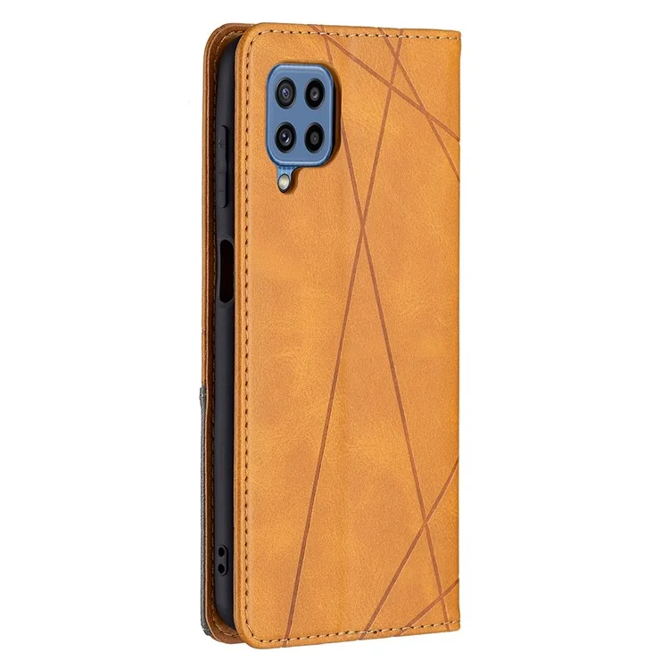 Para Samsung Galaxy M32 (Versão Global) Suporte para Cartões Design de Imprinting Rômbico-Como Absorção de Choque Caso Shell de Couro em Pé - Amarelo
