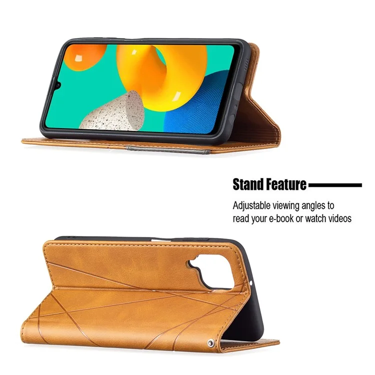 Para Samsung Galaxy M32 (Versão Global) Suporte para Cartões Design de Imprinting Rômbico-Como Absorção de Choque Caso Shell de Couro em Pé - Amarelo