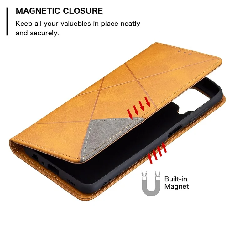 Para Samsung Galaxy M32 (Versão Global) Suporte para Cartões Design de Imprinting Rômbico-Como Absorção de Choque Caso Shell de Couro em Pé - Amarelo