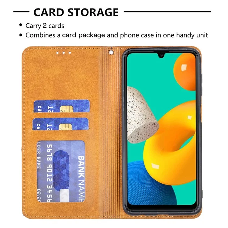 Para Samsung Galaxy M32 (Versão Global) Suporte para Cartões Design de Imprinting Rômbico-Como Absorção de Choque Caso Shell de Couro em Pé - Amarelo