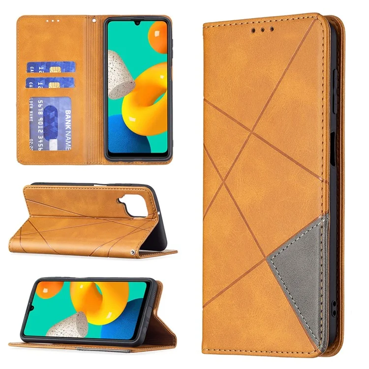 Para Samsung Galaxy M32 (Versão Global) Suporte para Cartões Design de Imprinting Rômbico-Como Absorção de Choque Caso Shell de Couro em Pé - Amarelo