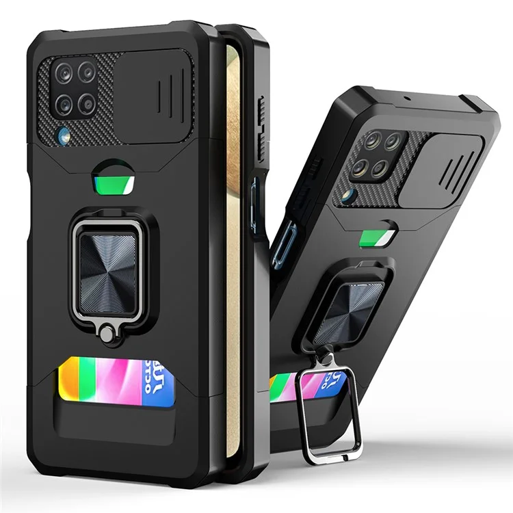 Porte-carte de visite + Feuille métallique intégrée + Conception de curseur de caméra Anti-chute Hybrid Phone Case Cover Shell pour Samsung Galaxy A12 - Noir