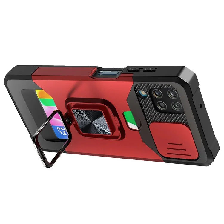Porte-carte de visite + Feuille métallique intégrée + Conception de curseur de caméra Anti-chute Hybrid Phone Case Cover Shell pour Samsung Galaxy A12 - Noir
