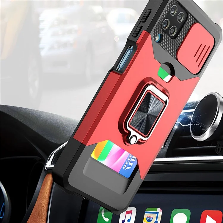 Porte-carte de visite + Feuille métallique intégrée + Conception de curseur de caméra Anti-chute Hybrid Phone Case Cover Shell pour Samsung Galaxy A12 - Noir