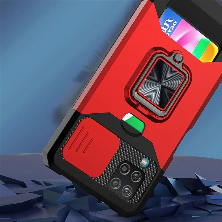 Porte-carte de visite + Feuille métallique intégrée + Conception de curseur de caméra Anti-chute Hybrid Phone Case Cover Shell pour Samsung Galaxy A12 - Noir