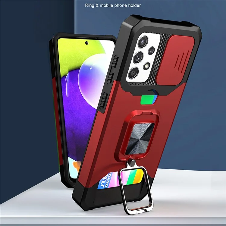 Étui de téléphone hybride tout-inclus avec glissière de caméra + support pour carte au dos + plaque métallique intégrée pour Samsung Galaxy A52 4G/5G/A52s 5G - Noir