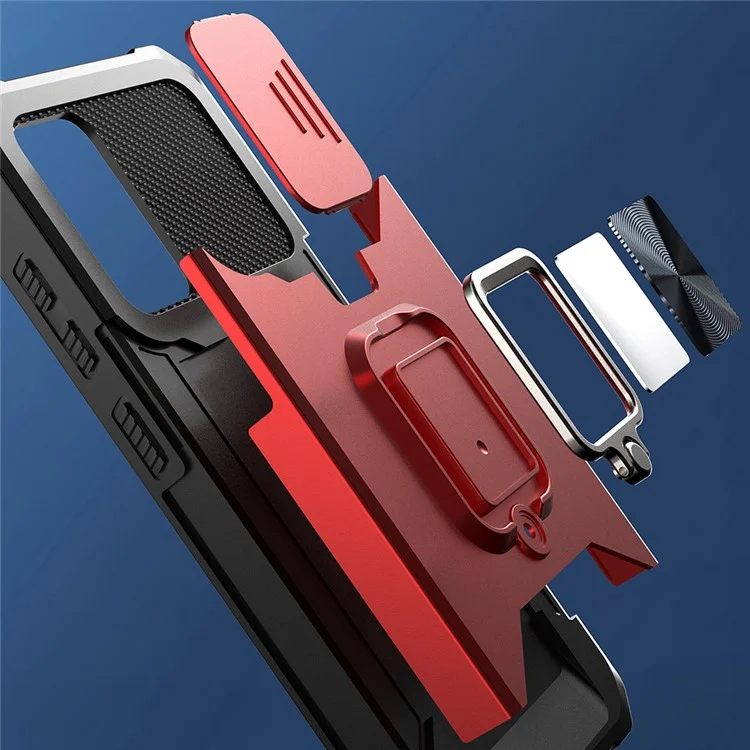 Étui de téléphone hybride tout-inclus avec glissière de caméra + support pour carte au dos + plaque métallique intégrée pour Samsung Galaxy A52 4G/5G/A52s 5G - Noir