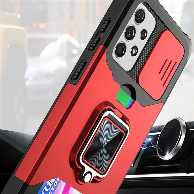Étui de téléphone hybride tout-inclus avec glissière de caméra + support pour carte au dos + plaque métallique intégrée pour Samsung Galaxy A52 4G/5G/A52s 5G - Noir