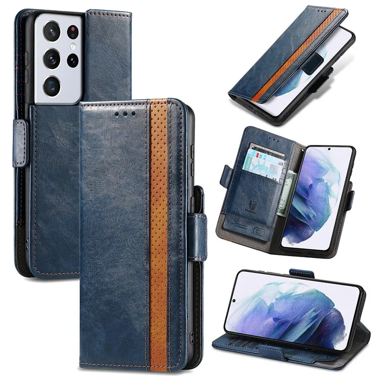 For Samsung Galaxy S21 Ultra 5G Phone Cases CASENEO PU Leather Cover Stand with RFID Blocking Wallet - Dark Blue