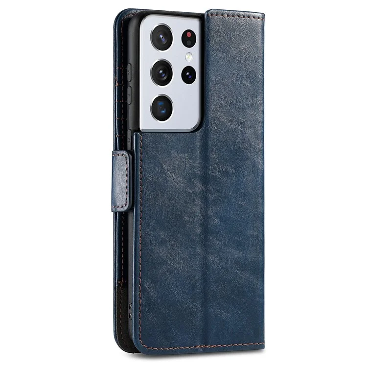 For Samsung Galaxy S21 Ultra 5G Phone Cases CASENEO PU Leather Cover Stand with RFID Blocking Wallet - Dark Blue