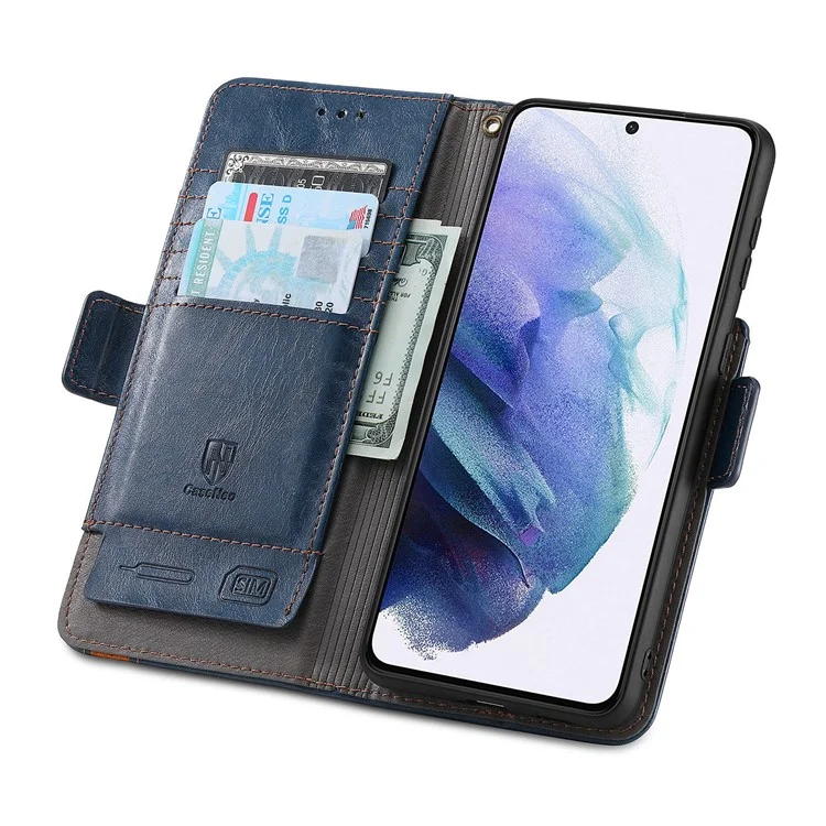 For Samsung Galaxy S21 Ultra 5G Phone Cases CASENEO PU Leather Cover Stand with RFID Blocking Wallet - Dark Blue