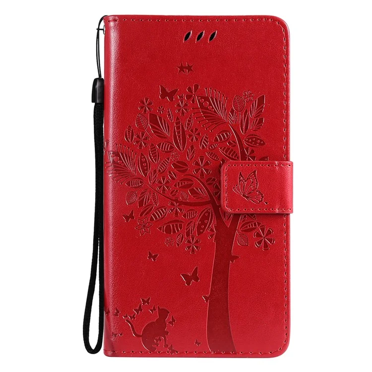 KT Imprinting Flower Series-3 Katze und Baum Prägung Classic Lederbeschichetet TPU Hülle mit Ständer und Geldbörse für Samsung Galaxy A12 - Rot