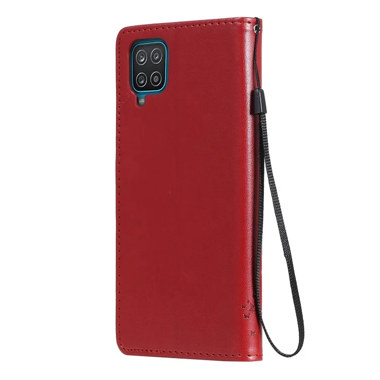 KT Imprinting Flower Series-3 Katze und Baum Prägung Classic Lederbeschichetet TPU Hülle mit Ständer und Geldbörse für Samsung Galaxy A12 - Rot